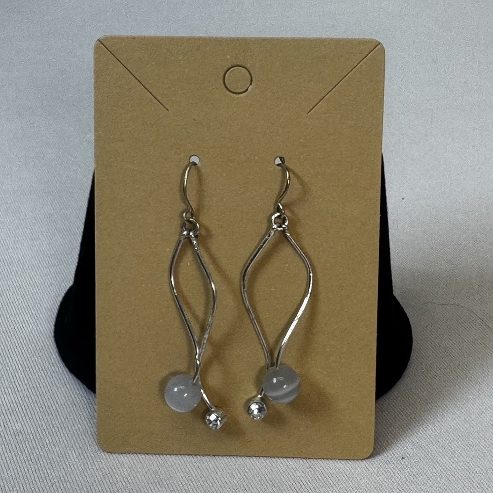 Silver Tone Bead & Faux Diamond Wavy Dangle‎ Earrings